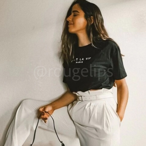 White Graphic French Text Print Tee Shirt Short Sleeve Crew Neck - Picture 17 of 17